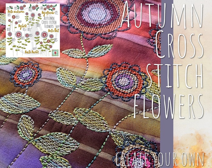 BIG BUNDLE of Autumn Cross stitch Flowers, Texts and motifs to mix and match - 23 hand drawn, easy going elements included - various sizes