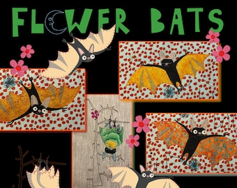 APPLIQUÉ FLOWER BATS - 4 variants of my hand drawn appliqué bats and elements + finished cute motifs - for hoop size 5 x 7" or smaller