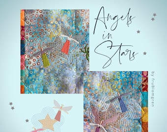 Hand drawn Machine Embroidery Designs for hoop size 5 x 7" - my tiny Angels in Stars - on Appliqué/Quilt Backgrounds they fly and bring joy