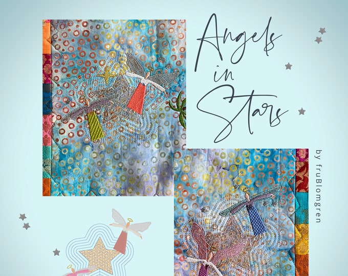 Hand drawn Machine Embroidery Designs for hoop size 5 x 7" - my tiny Angels in Stars - on Appliqué/Quilt Backgrounds they fly and bring joy