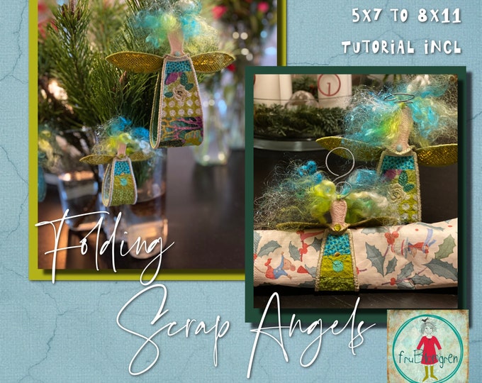 Freestanding ITH Folding Scrap Angels in 4 sizes to make on your embroidery machine - Hand drawn and quirky - Easy made in one piece