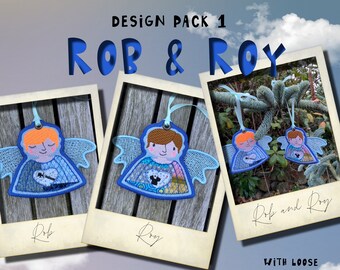 Freestanding, double sided Angel Boy designs ITH, Machine embroidery, ROB & ROY - design pack 1, for hoop size 4x4", 4 designs included