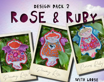 Freestanding, double sided Angel designs ITH, Machine embroidery, ROSE & RUBY - design pack 2, for hoop size 5x7", 2 angel designs included