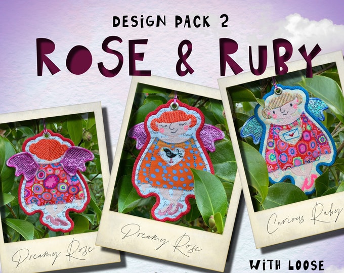 Freestanding, double sided Angel designs ITH, Machine embroidery, ROSE & RUBY - design pack 2, for hoop size 5x7", 2 angel designs included