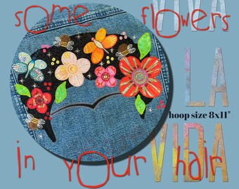 Machine embroidery/appliqué 'Flowers in your hair ', hoop size 8x11", 4 designs: Full motif, Neckline design, the braided Hairstyle and Text