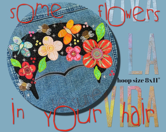 Machine embroidery/appliqué 'Flowers in your hair ', hoop size 8x11", 4 designs: Full motif, Neckline design, the braided Hairstyle and Text