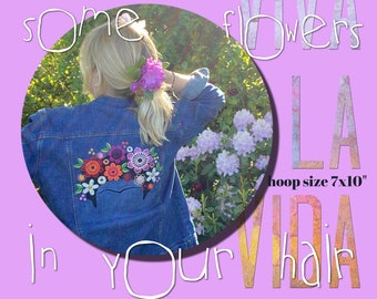 Machine embroidery/appliqué 'Flowers in your hair ' - hoop size 7x10" - 3 designs: Full motif, a Neckline design, and the braided Hairstyle