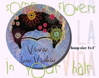 Machine embroidery/appliqué 'Flowers in your hair ' - hoop size 4 x 4" - 3 designs: Full motif with crochet flowers, Hairstyle and ITH Patch