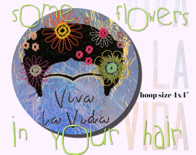 Machine embroidery/appliqué 'Flowers in your hair ' - hoop size 4 x 4" - 3 designs: Full motif with crochet flowers, Hairstyle and ITH Patch