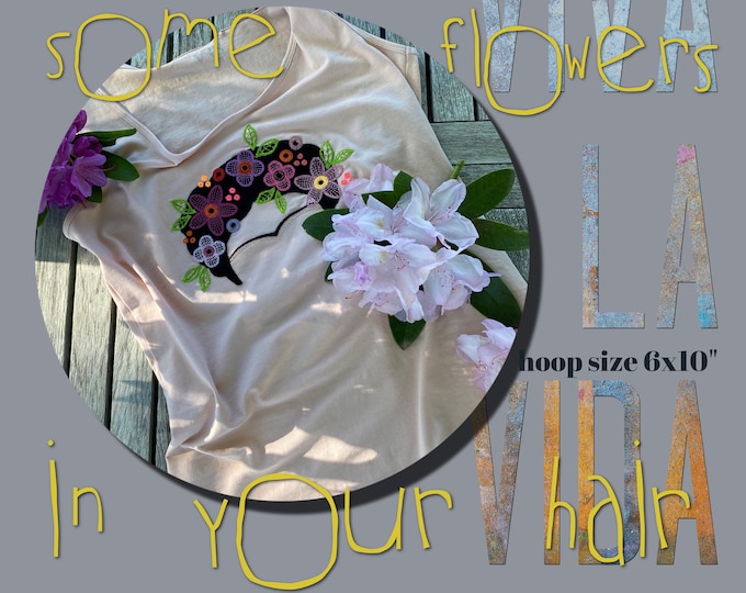 Machine embroidery/appliqué 'Flowers in your hair ' - hoop size 6x10" - 3 designs: Full motif crochet flowers, Hairstyle and Neckline motif