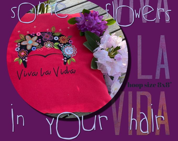 Machine embroidery/appliqué 'Flowers in your hair ', hoop size 8x8", 5 designs: Full motif, Neckline design, the braided Hairstyle and Texts