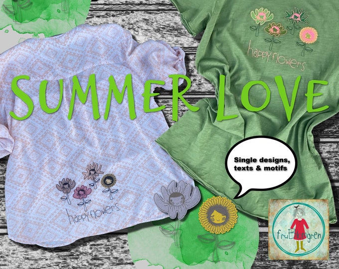 14 cute, versatile machine embroidery designs, easy stitched - Flower girls as singles, motifs and additional texts for your Summer sewing