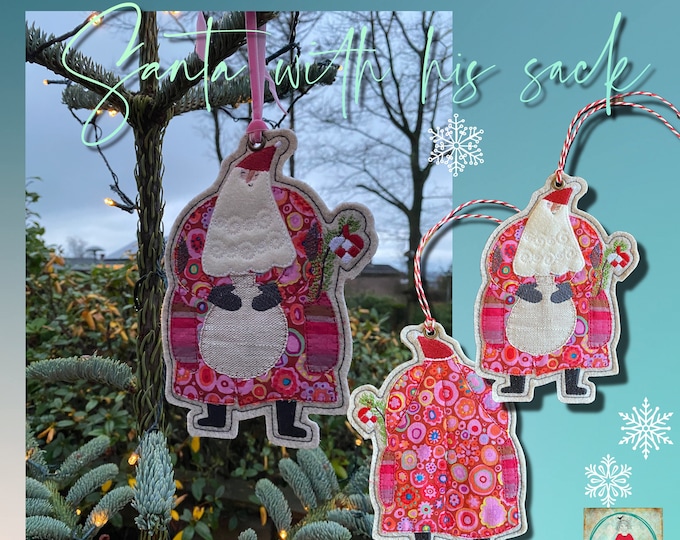 FS Santa with sack - Double sided Santa ITH for hoop size 5 x 7" on your embroidery machine - a cute freestanding Christmas ornament