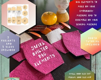 Swirl Quilted Elements for Bags for your embroidery machine, to sew together on your sewing machine - Blank elements - 3 sizes - 2 variants