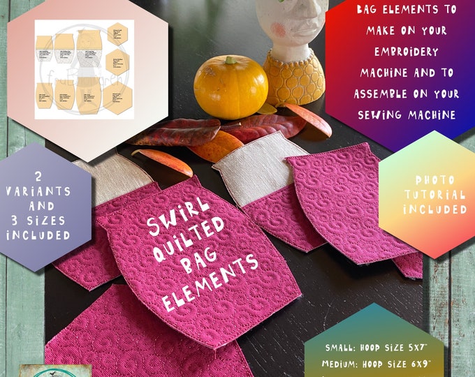 Swirl Quilted Elements for Bags for your embroidery machine, to sew together on your sewing machine - Blank elements - 3 sizes - 2 variants