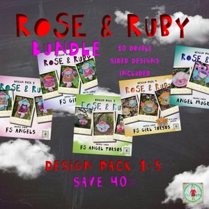 GRAN PAQUETE - Rosa y Rubí - Ahorra un 40% - Paquete de diseños del 1 al 5 con 10 diseños de ángeles de doble cara incluidos - la mayoría para bastidor de 5x7"