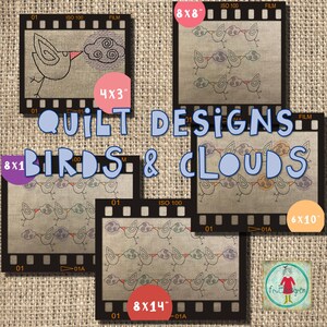 May include: A set of quilt designs featuring birds and clouds. The designs are available in various sizes, including 4x3 inches, 8x8 inches, 8x14 inches, and 6x10 inches. The designs are all in black and white and feature a simple, whimsical style.