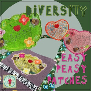 Puede incluir: Un conjunto de cuatro parches de tela coloridos con diseños bordados que incluyen abejas, flores y la palabra "diversidad". Los parches están sobre un fondo verde con el texto "Diversidad Fácil y Sencillo Parches".