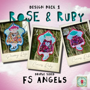 May include: Design pack 1, Rose & Ruby, double-sided felt angel ornaments. The angels are red, pink, and blue with black and white polka dots. The text "Dreamy Rose", "Curious Ruby", and "Curious Ruby" is written below each angel.