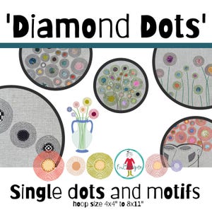 May include: Image with the text "Diamond Dots" and "Single dots and motifs". The image displays various circular designs with dot patterns and floral motifs. A vase with flowers is also present. Hoop sizes range from 10.16cm x 10.16cm to 20.32cm x 27.94cm.