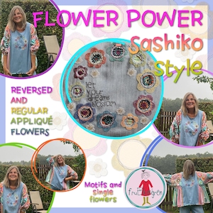 Könnte beinhalten: Eine Collage von Bildern, die eine Frau zeigen, die ein Jeanshemd mit bunten Blumenapplikationen trägt. Das Hemd ist mit einer Sashiko-Sticktechnik verziert. Der Text "FLOWER POWER" und "Sashiko Style" ist im Bild zu sehen. Der Text "Let your dreams blossom" ist auf das Hemd gestickt.