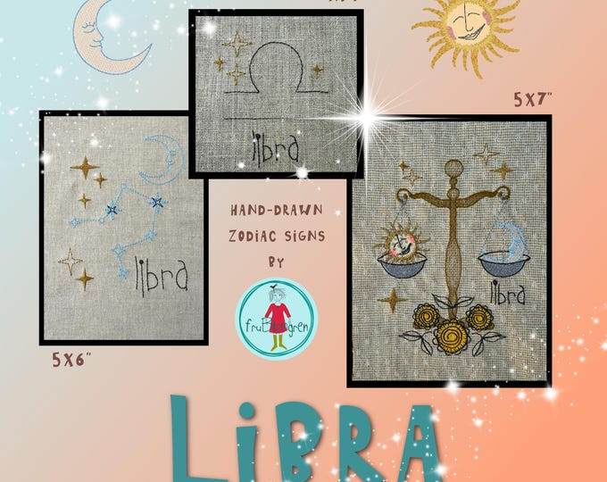 Libra Zodiac Sign – Machine Embroidery Design Pack | 4x4 5x5 5x7 hoops | Hand-Drawn Horoscope | Balance between Sun & Moon