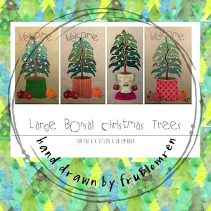 以下が含まれることがあります： 大きな盆栽のクリスマスツリーのための、手描きの刺繍パターン3つ。各パターンには、白い星がついた緑のツリー、歓迎のサイン、赤とオレンジのアクセントがついた鉢があります。パターンは、8 x 11/20 x 28 cmのフープ用に設計されています。