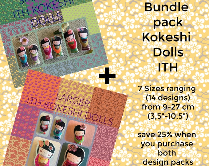 Bundle Pack - buy both of my hand drawn appliqué KOKESHI DOLL design packs and save 25% - 14 beautiful machine embroideries for ITH projects