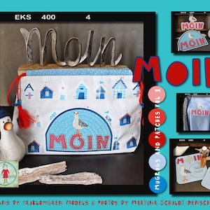 May include: A set of embroidery designs featuring a seagull and the word "Moin" in a variety of styles. The designs are perfect for creating mugs, patches, and other crafts. The designs are available in a variety of colors, including blue, red, and white.