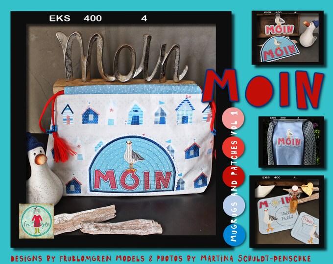 MUGRUGS ITH and Patches ITH - with German and South Danish greetings: Moin and cute Seagulls - Use them as gifts and on all textile projects