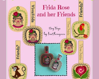 9 ITH BAG TAGS with my Frida Rose and her cute friends: Little Parrot and Little Monkey, machine embroidery designs for bag tags in 2 sizes