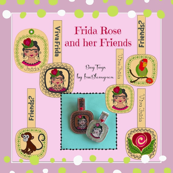 9 ITH BAG TAGS with my Frida Rose and her cute friends: Little Parrot and Little Monkey, machine embroidery designs for bag tags in 2 sizes
