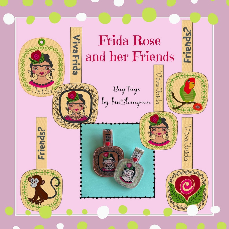 May include: Set of nine colorful embroidered bag tags featuring Frida Kahlo and her friends. The tags are square and have a brown background with a yellow border. The text on the tags reads "Frida Rose and her Friends", "Viva Frida", and "Friends?"