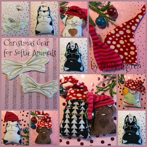 May include: A collection of handmade Christmas ornaments featuring various animal designs, including cats, dogs, and a duck. The ornaments are made from soft fabric and feature festive details like Santa hats and polka dots. The ornaments are labeled "Christmas Gear for Softie Animals by fruBlomgren".