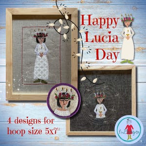 Puede incluir: Cuatro diseños de bordado que representan a una mujer con un vestido blanco y una corona de velas en la cabeza. Los diseños son para un aro de 5x7 pulgadas y dicen "Feliz Día de Santa Lucía".