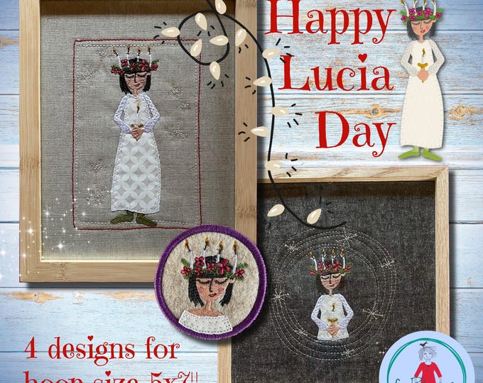 Santa Lucia Bride: 4 Hand-drawn Machine Embroidery Appliqué Designs for hoop size 5x7" - Perfect for celebrating Lucia Day and Christmas!