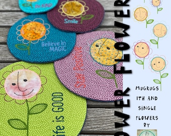 Bundle MUGRUGS ITH - Power Flowers - 5 cute MugRugs with hand drawn, appliqué flower faces + 5 blank MugRugs  + 6 single flowers + 1 motif