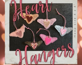 6 Machine Embroidery Heart Hangers/Tags ITH for your Embroidery Machine - for hoop size 4 x 4" - Easy made - 6 cute variants