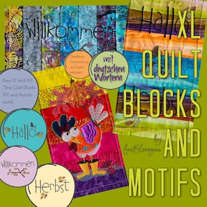 Könnte beinhalten: Ein digitaler Download von Quiltblöcken und Motiven mit Herbstmotiven und deutschen Wörtern wie "Willkommen", "Hallo" und "Herbst".