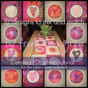 May include: A collage of 18 embroidery designs featuring hearts and the text "be mine" and "forever yours". The designs are arranged around a table runner with a detailed PDF photo tutorial included.