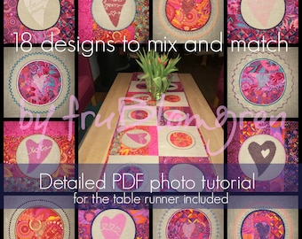 18 designs: Cross Stitch Hearts, Appliqué Circle Frames, Hearts in Circle appliqués - MIX AND MATCH - for all kinds of textile projects