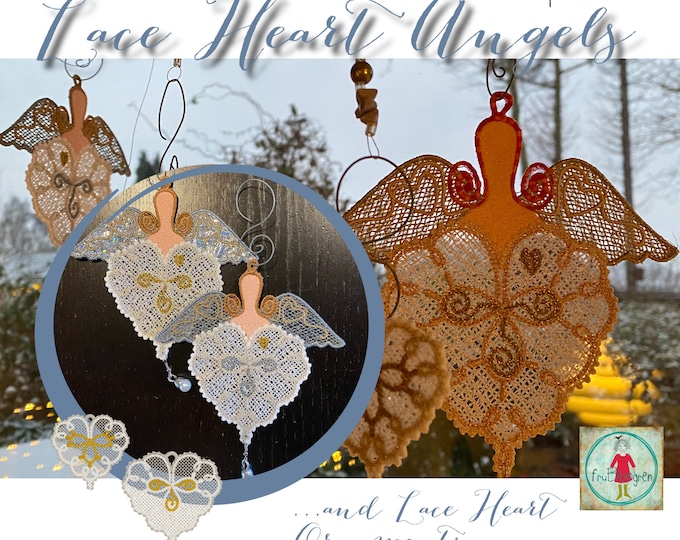 5x5" Freestanding Lace Heart Angels and Heart Ornaments to make on your embroidery machine - 4 delicate Hand drawn designs for hoop 13x13 cm