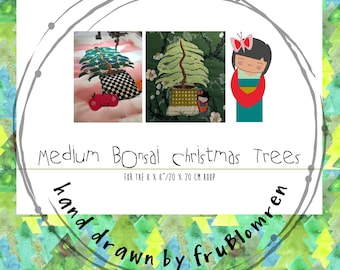 Medium Bonsai Christmas Trees - 3 different version - for the 8 x 8"/20 x 20 cm hoop + 2 small Kokeshi Doll designs - for textile projects