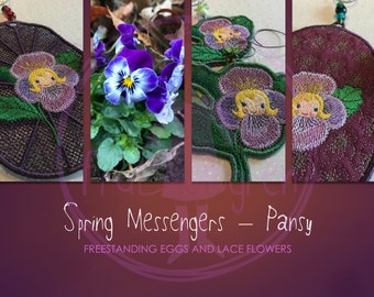 New, Larger Freestanding Eggs and Lace Flowers with PANSIES, 4 designs and in more languages: 1 quilted egg, 1 lace egg and 2 lace flowers