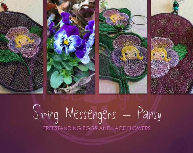 New, Larger Freestanding Eggs and Lace Flowers with PANSIES, 4 designs and in more languages: 1 quilted egg, 1 lace egg and 2 lace flowers