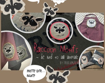 Cute Raccoon Motifs - Hand drawn by me - NO rubbish! - Machine embroidery designs and texts - 3 sizes in fill + 3 light stitched for Tshirts