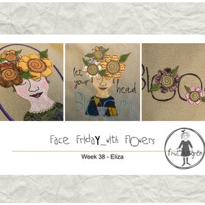 May include: A collage of three images featuring a woman with a flower crown, the text "Let your head bloom", and a floral design. The text "Face Friday_with Flowers" and "Week 38 - Eliza" are also included. The image is from the "Fruit Bloomgren" brand.