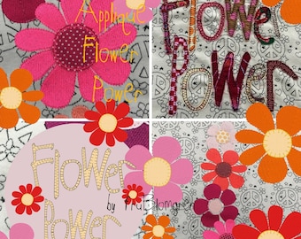 FLOWER POWER APPLIQUE - Appliqué texts and Flowers with appliqué center - 3 different flowers in 3 sizes + texts - a total of 12 designs