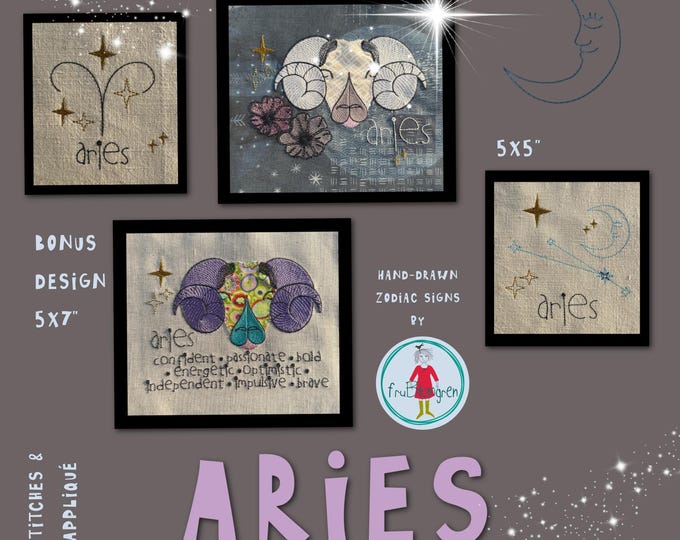 Aries Zodiac Sign - Hand-drawn Machine Embroidery Designs – for Hoop 5x7" – 5 Motifs