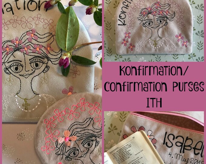 Lined ITH zipper Purses for Konfirmation/Confirmation, 3 different purses (Konfirmation and Confirmation), 2 sizes, space for name and date